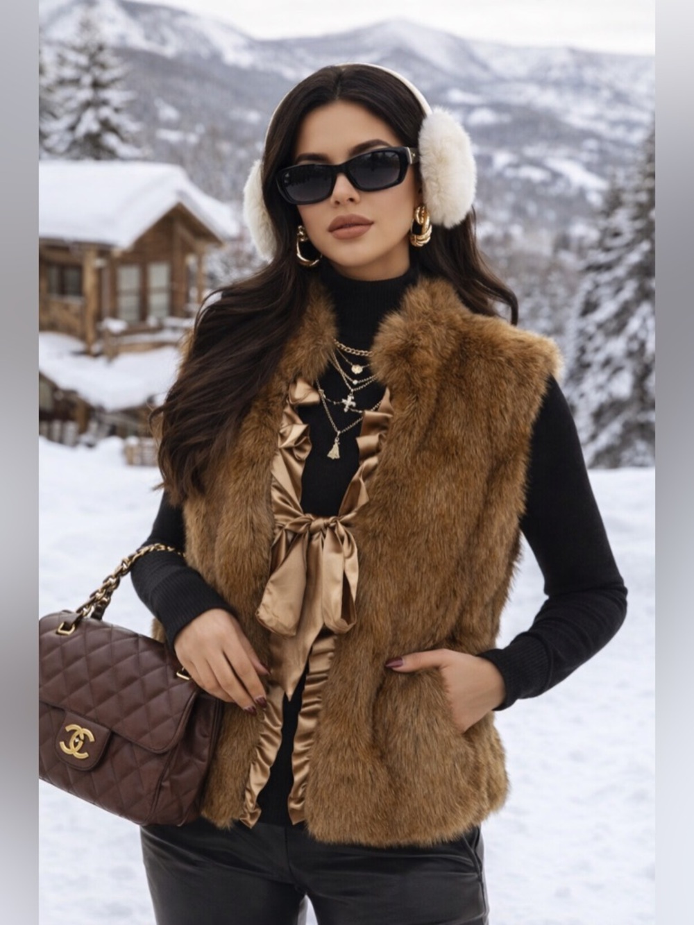 Terry Lewis Women’s Faux Fur Vest Satin Trim Y2K Mob Wife Brown Luxe Women Sz L